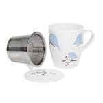 Porcelánový hrnček s nerez. sitkom a pokrievkou - Vtáčikovia, 350 ml