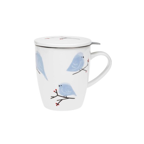 Porcelánový hrnček s nerez. sitkom a pokrievkou - Vtáčikovia, 350 ml