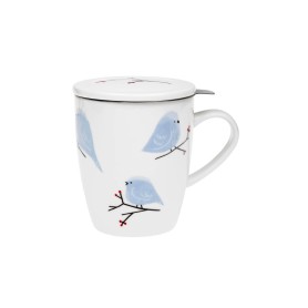 Porcelánový hrnček s nerez. sitkom a pokrievkou - Vtáčikovia, 350 ml
